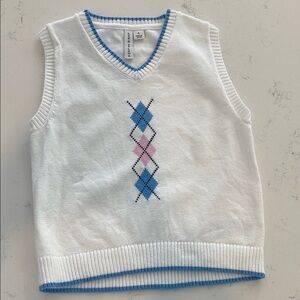 White Argyle Sweater Vest with Blue and Pink Accents